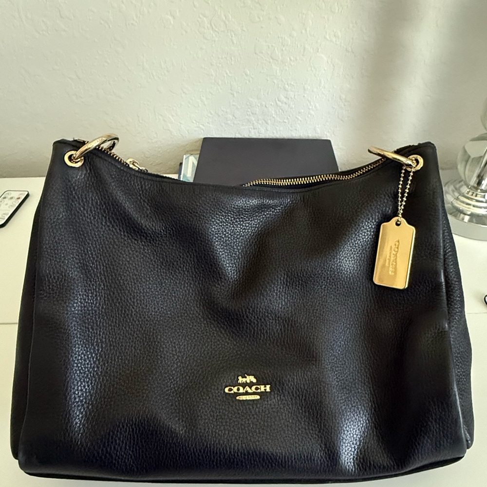 Coach Black Leather Hobo Bag with Gold Accents